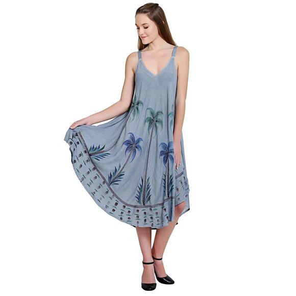 Advance Apparels Hawaiian Palm Tree V-Neck Tie Dye Umbrella Dress Beach Vacation - Picture 1 of 10
